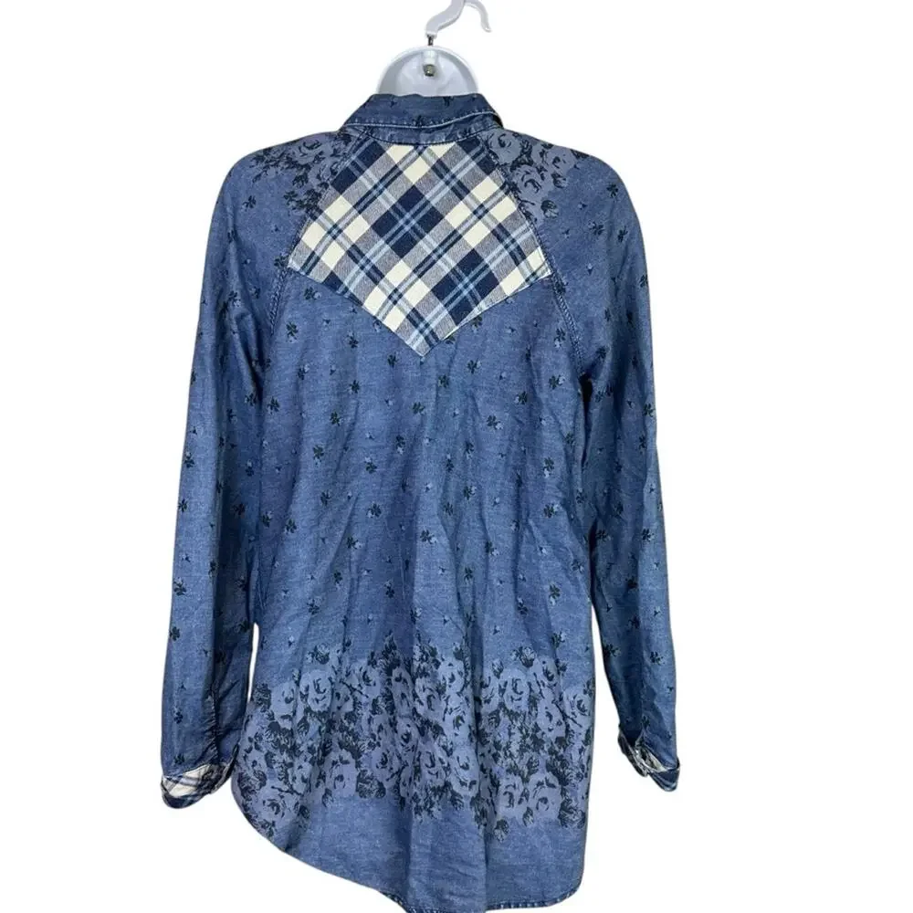 Free people Dottie Over You Floral Chambray Denim Plaid Button Front Top Shirt S